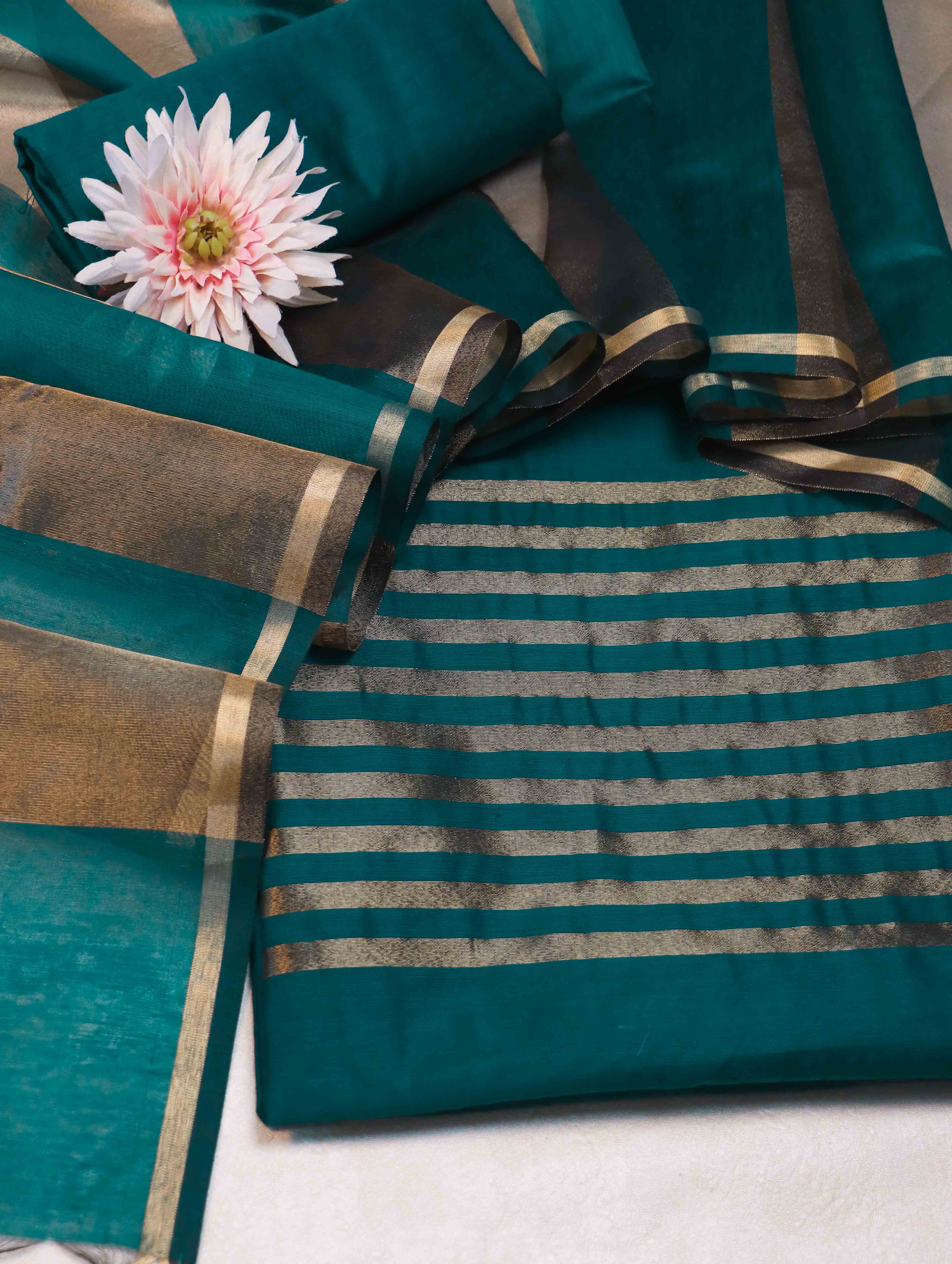 Banarasee Cotton Silk Stripe Pattern Salwar Kameez Fabric With Dupatta Set-Teal Green