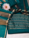 Banarasee Cotton Silk Stripe Pattern Salwar Kameez Fabric With Dupatta Set-Teal Green