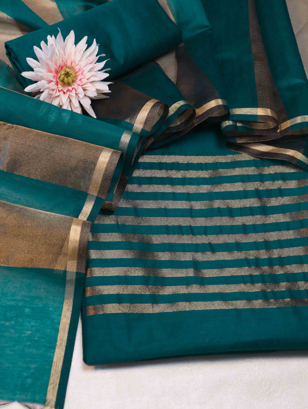 Banarasee Cotton Silk Stripe Pattern Salwar Kameez Fabric With Dupatta Set-Teal Green