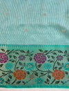 Banarasee Handwoven Semi Silk Saree With Zari Buta & Floral Border Design-Blue