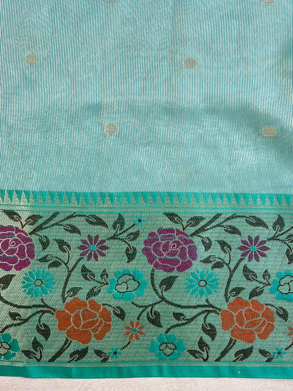 Banarasee Handwoven Semi Silk Saree With Zari Buta & Floral Border Design-Blue