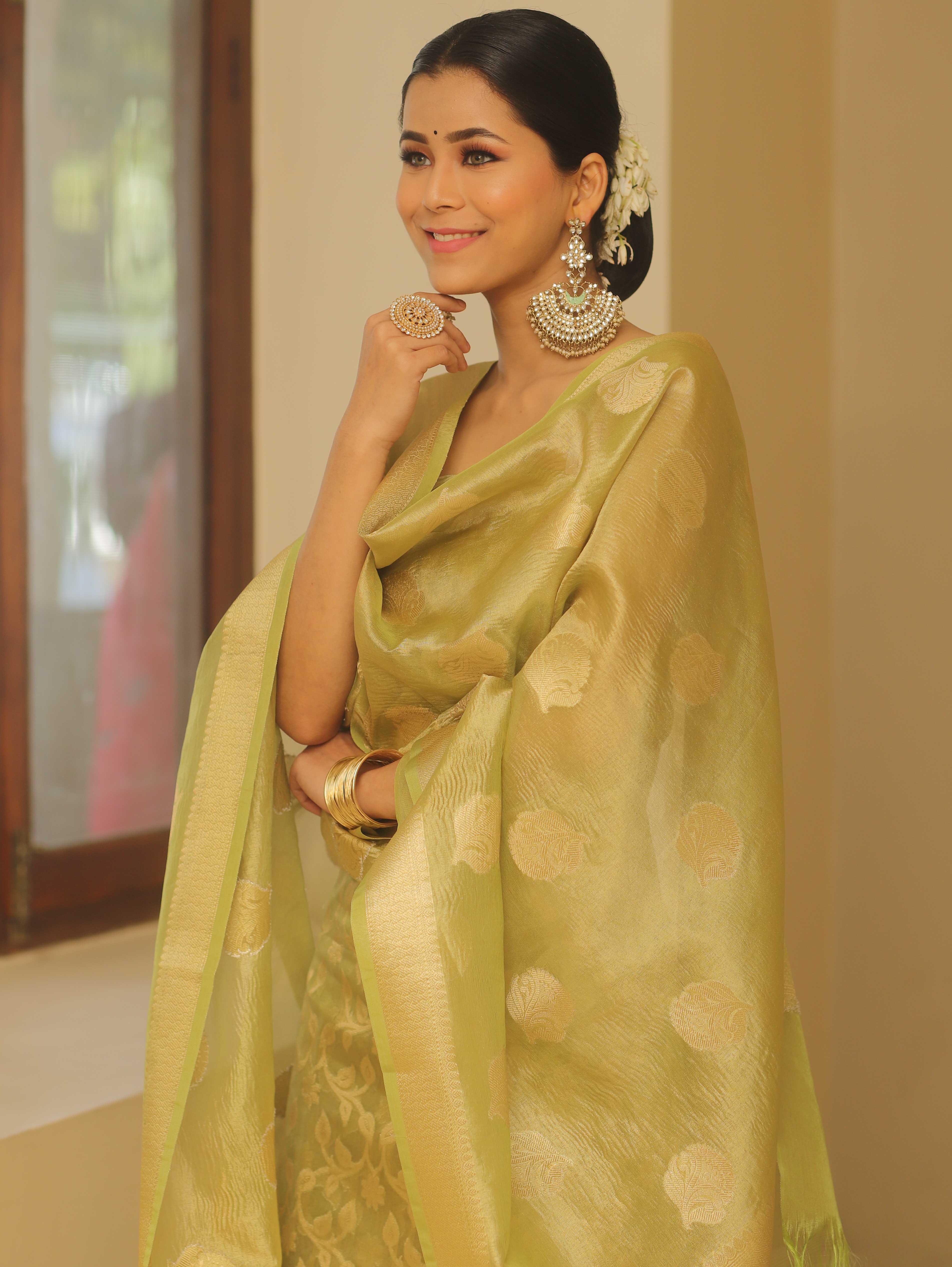 Banarasee Tissue Silk Salwar Kameez Fabric With Dupatta-Green