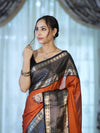 Banarasee Handloom Plain Semi Silk Saree With Contrast Temple Border-Rust Orange