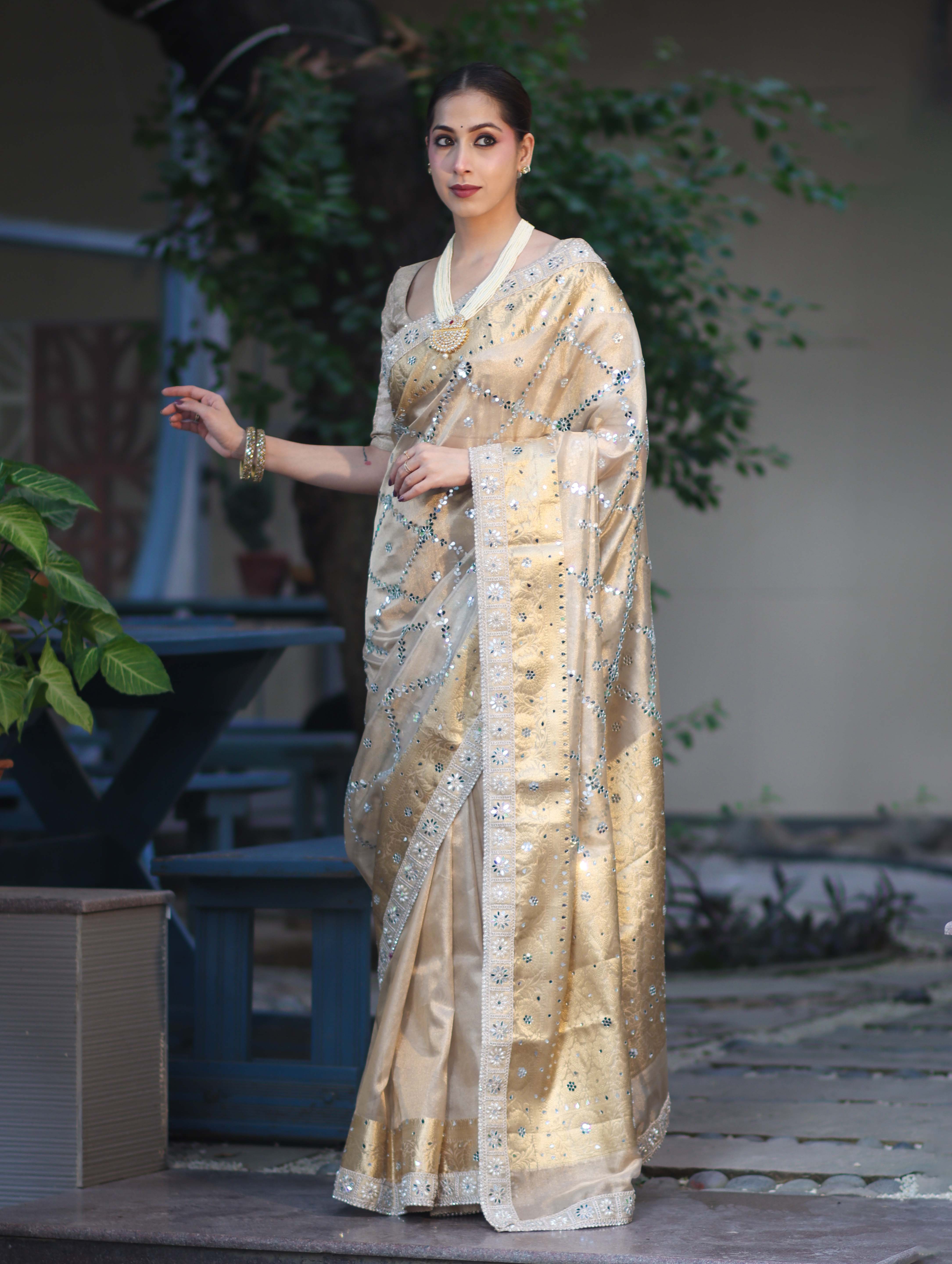 Banarasee Tissue Hand Embroidered Mirror Work Saree With Zari Woven Border & Lace-Gold
