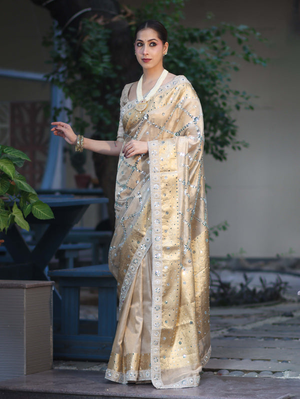 Banarasee Tissue Hand Embroidered Mirror Work Saree With Zari Woven Border & Lace-Gold