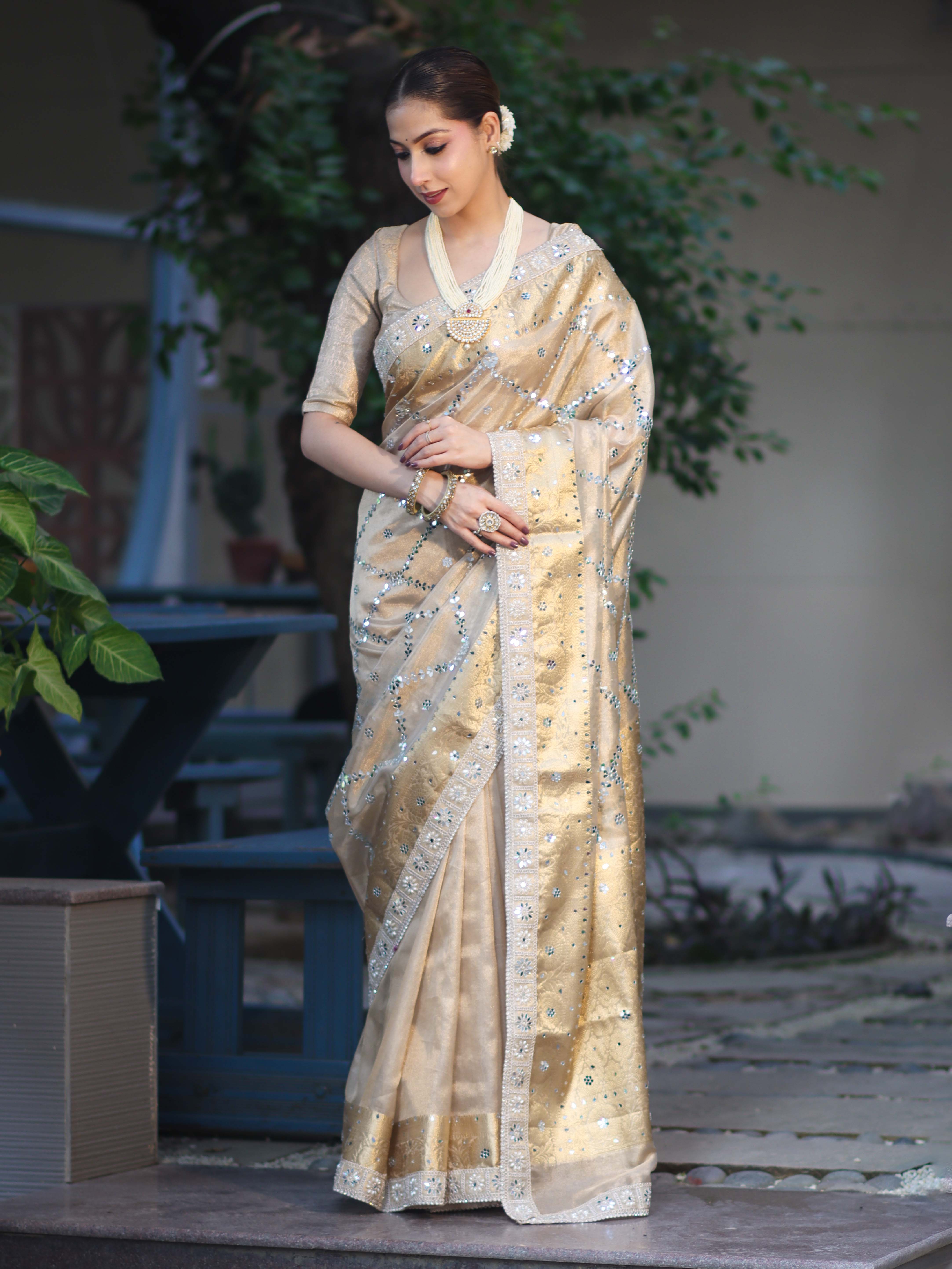 Banarasee Tissue Hand Embroidered Mirror Work Saree With Zari Woven Border & Lace-Gold