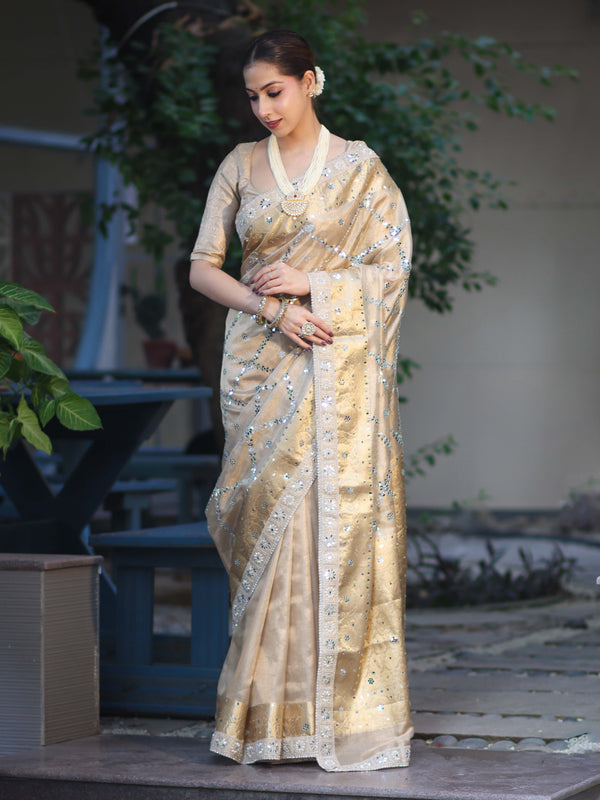 Banarasee Tissue Hand Embroidered Mirror Work Saree With Zari Woven Border & Lace-Gold