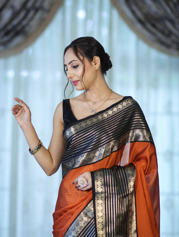 Banarasee Handloom Plain Semi Silk Saree With Contrast Temple Border-Rust Orange