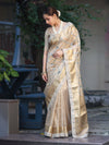 Banarasee Tissue Hand Embroidered Mirror Work Saree With Zari Woven Border & Lace-Gold