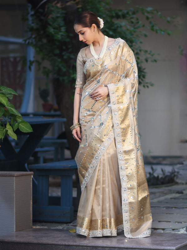 Banarasee Tissue Hand Embroidered Mirror Work Saree With Zari Woven Border & Lace-Gold