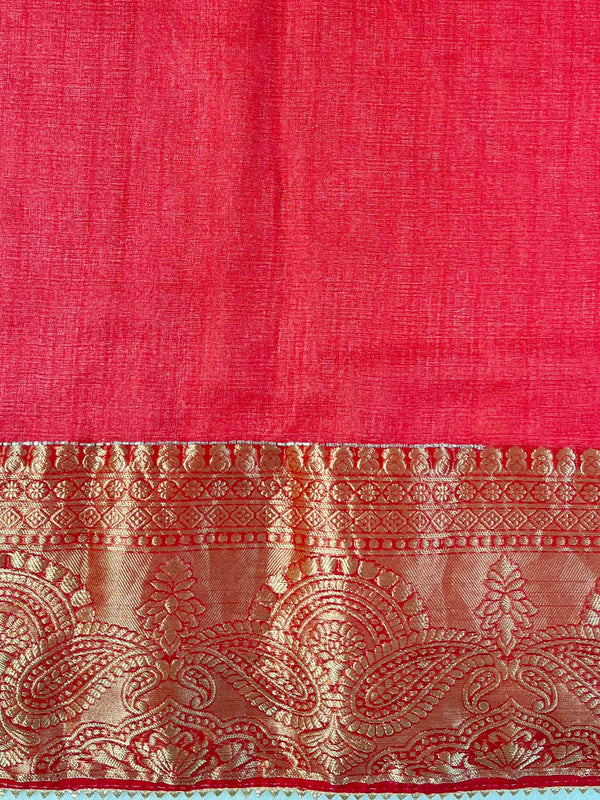 Banarasee Organza Silk Zari Border Hand-Work Saree-Red