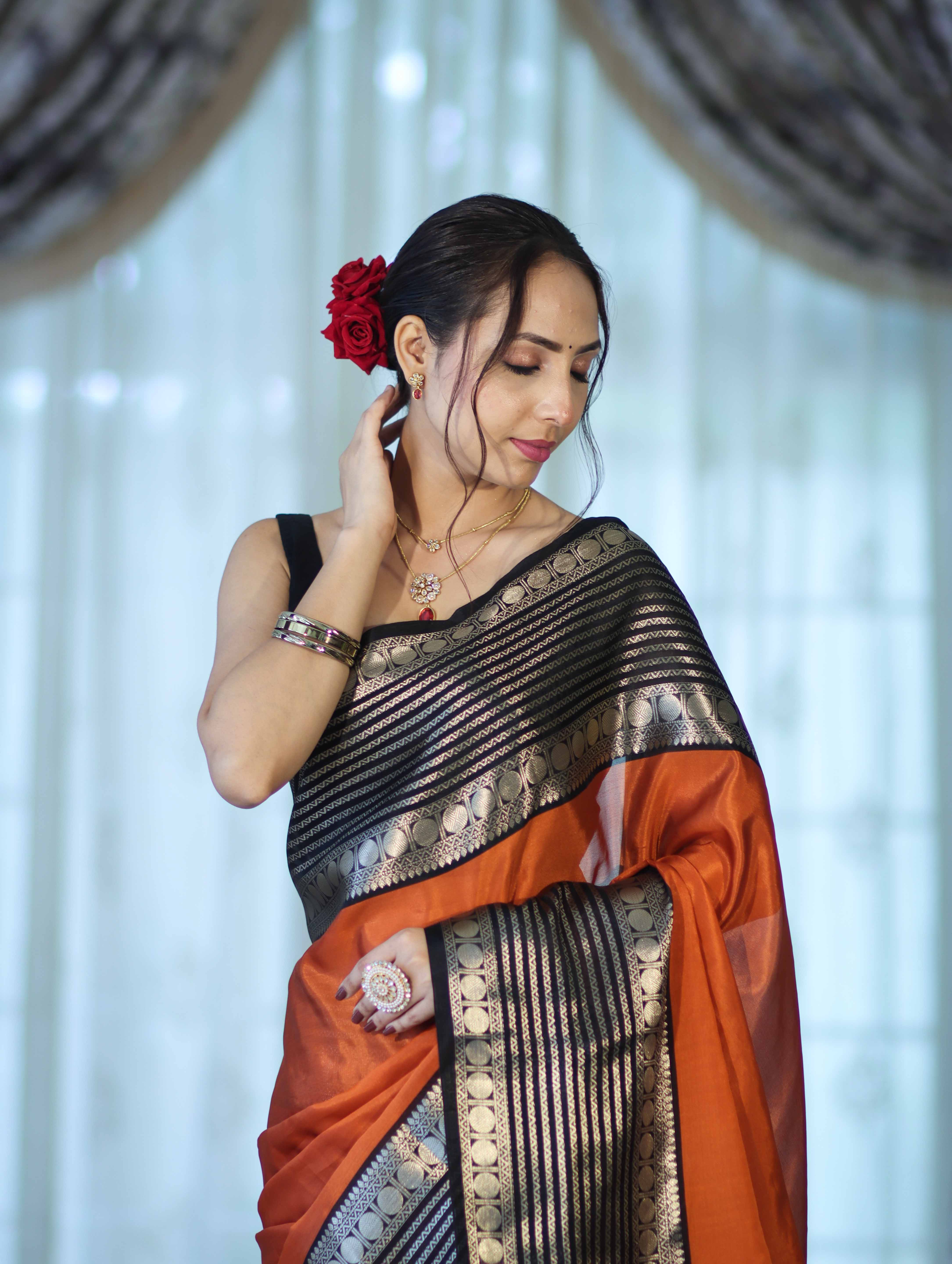Banarasee Handloom Plain Semi Silk Saree With Contrast Temple Border-Rust Orange