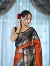 Banarasee Handloom Plain Semi Silk Saree With Contrast Temple Border-Rust Orange