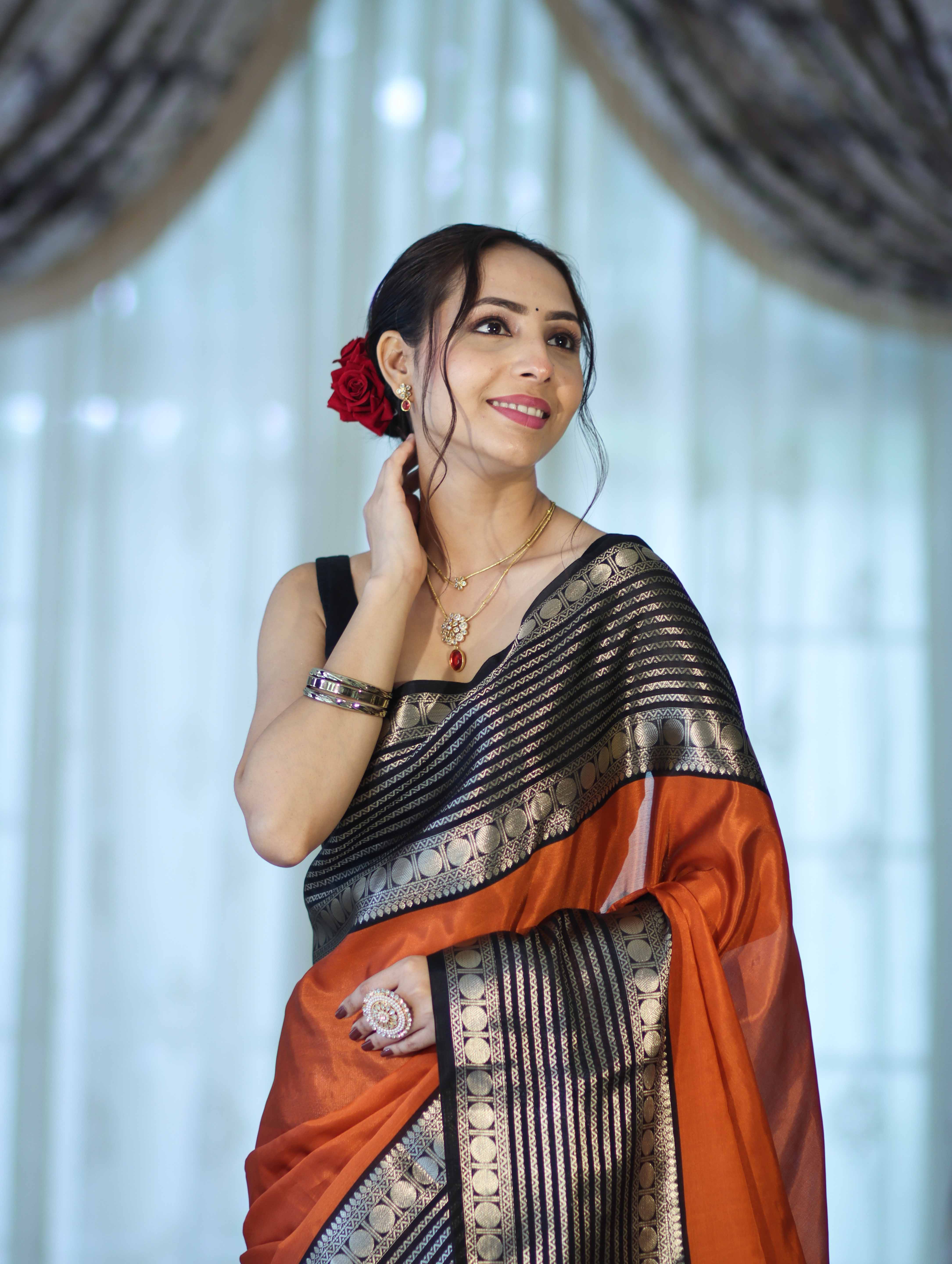 Banarasee Handloom Plain Semi Silk Saree With Contrast Temple Border-Rust Orange
