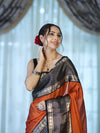 Banarasee Handloom Plain Semi Silk Saree With Contrast Temple Border-Rust Orange