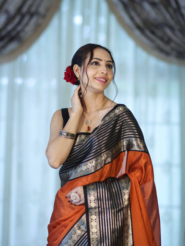 Banarasee Handloom Plain Semi Silk Saree With Contrast Temple Border-Rust Orange