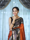 Banarasee Handloom Plain Semi Silk Saree With Contrast Temple Border-Rust Orange