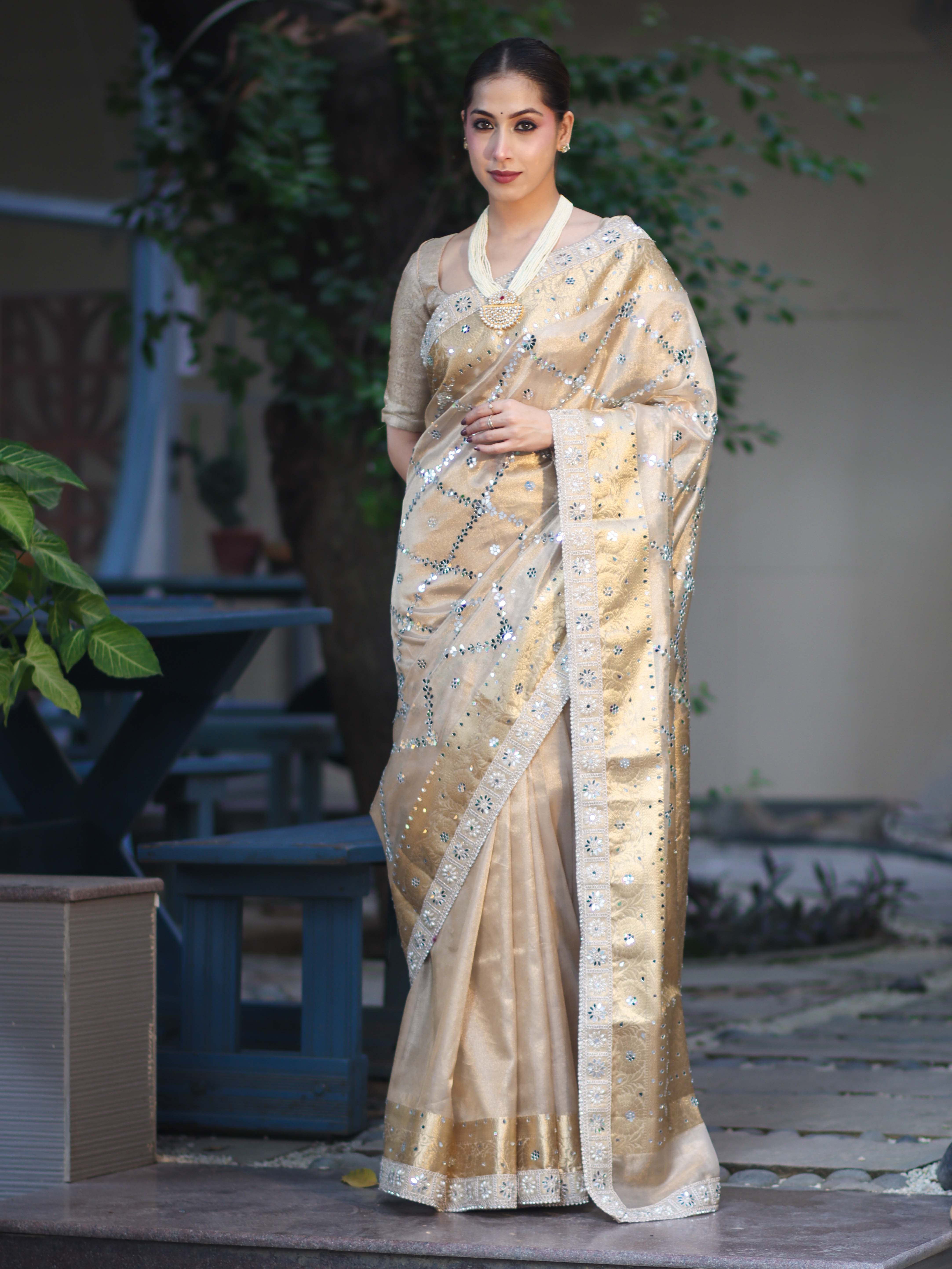 Banarasee Tissue Hand Embroidered Mirror Work Saree With Zari Woven Border & Lace-Gold