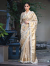 Banarasee Tissue Hand Embroidered Mirror Work Saree With Zari Woven Border & Lace-Gold
