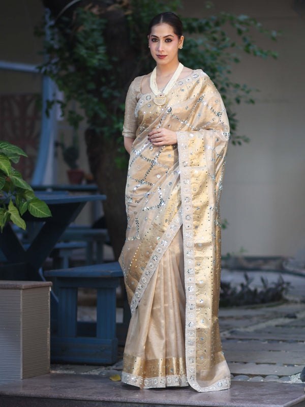 Banarasee Tissue Hand Embroidered Mirror Work Saree With Zari Woven Border & Lace-Gold