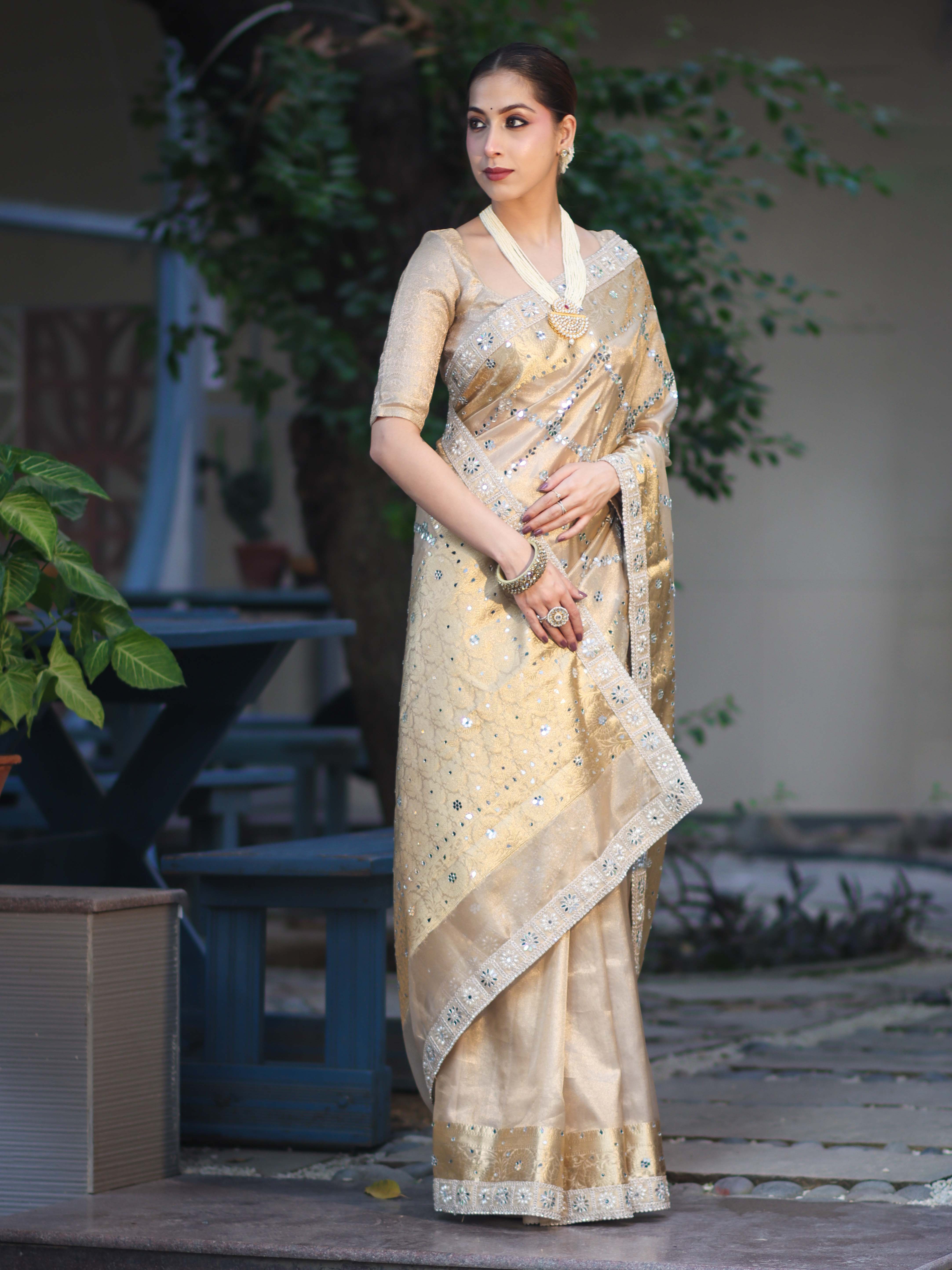Banarasee Tissue Hand Embroidered Mirror Work Saree With Zari Woven Border & Lace-Gold