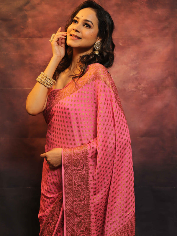 Banarasee Pure Chiffon Saree With Antique Zari Work-Pink