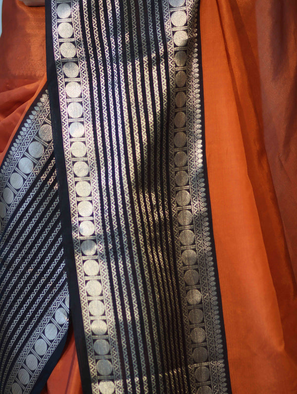 Banarasee Handloom Plain Semi Silk Saree With Contrast Temple Border-Rust Orange