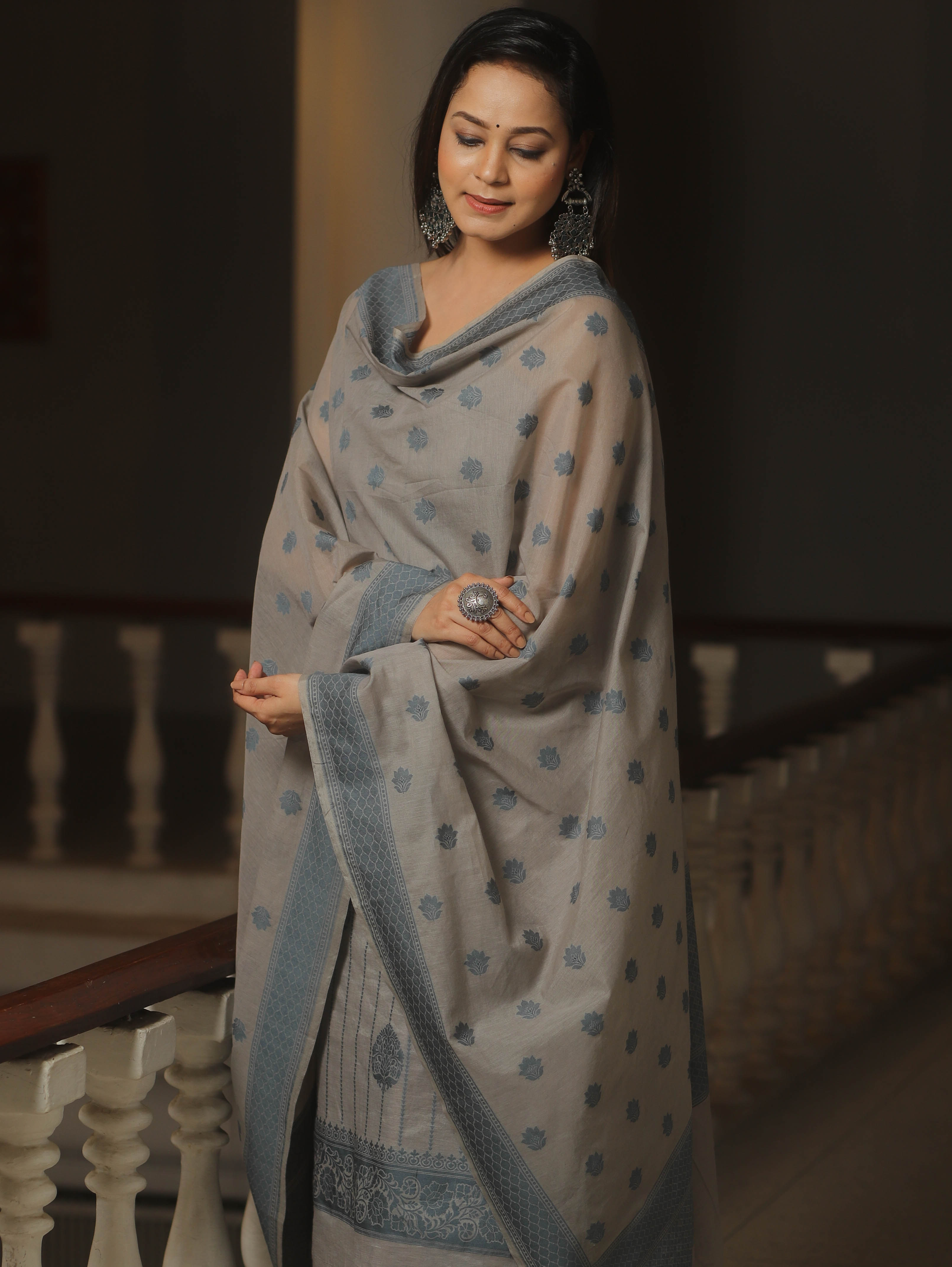 Banarasee Cotton Salwar Kameez Fabric With Dupatta & Resham Zari-Grey