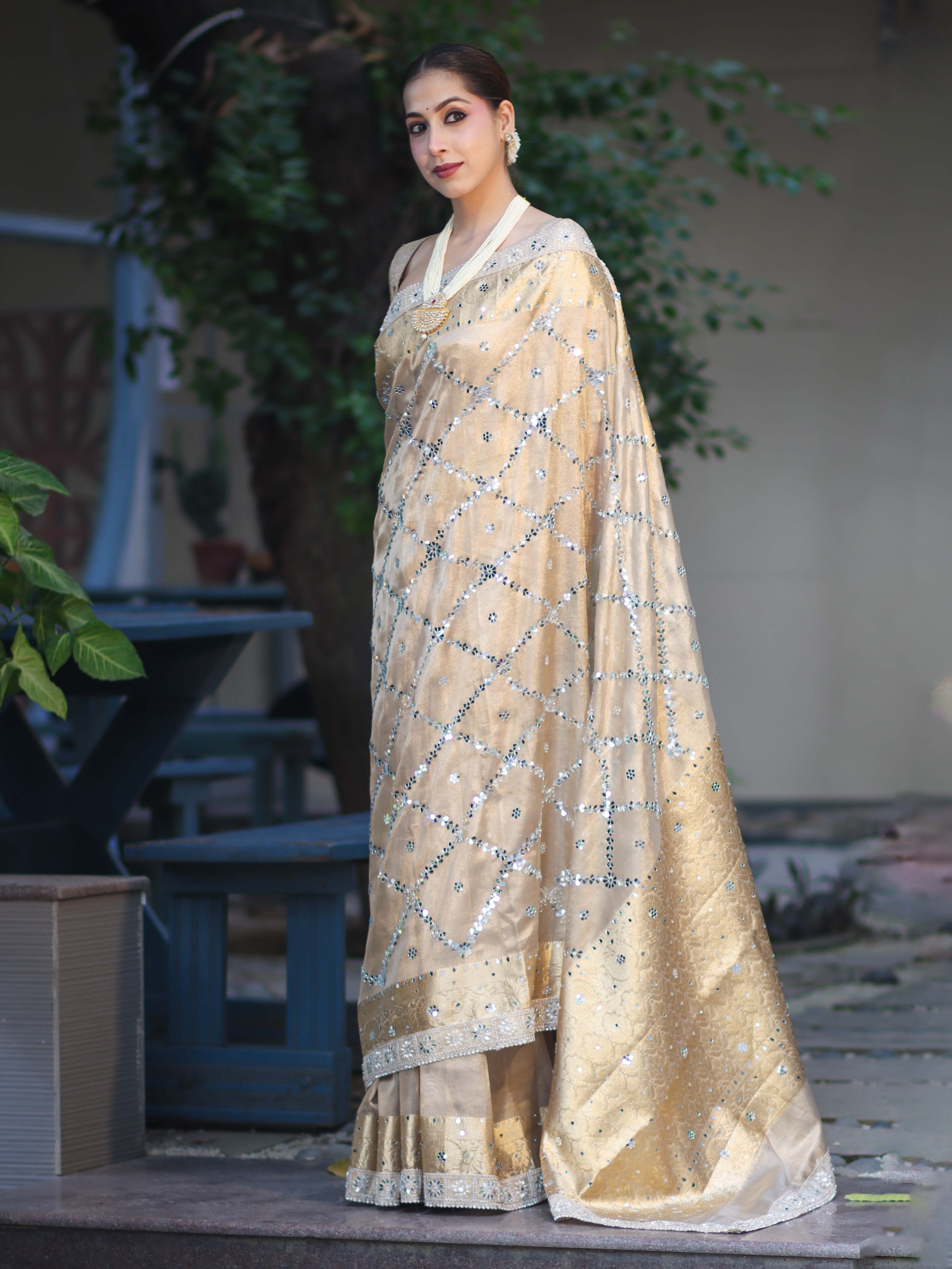 Banarasee Tissue Hand Embroidered Mirror Work Saree With Zari Woven Border & Lace-Gold