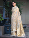 Banarasee Tissue Hand Embroidered Mirror Work Saree With Zari Woven Border & Lace-Gold