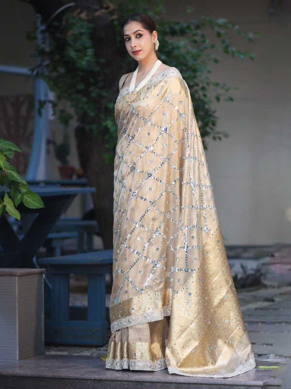 Banarasee Tissue Hand Embroidered Mirror Work Saree With Zari Woven Border & Lace-Gold