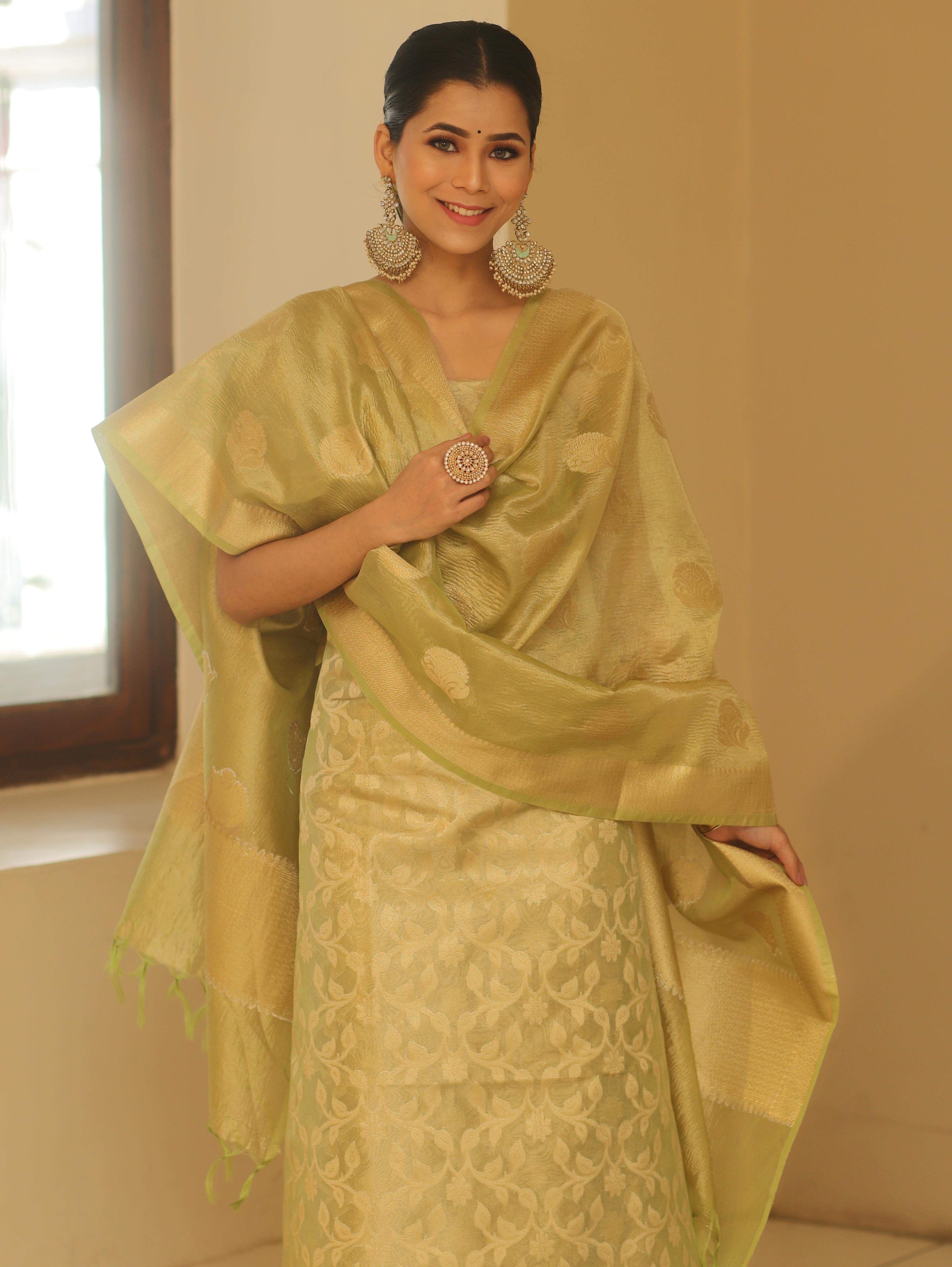 Banarasee Tissue Silk Salwar Kameez Fabric With Dupatta-Green