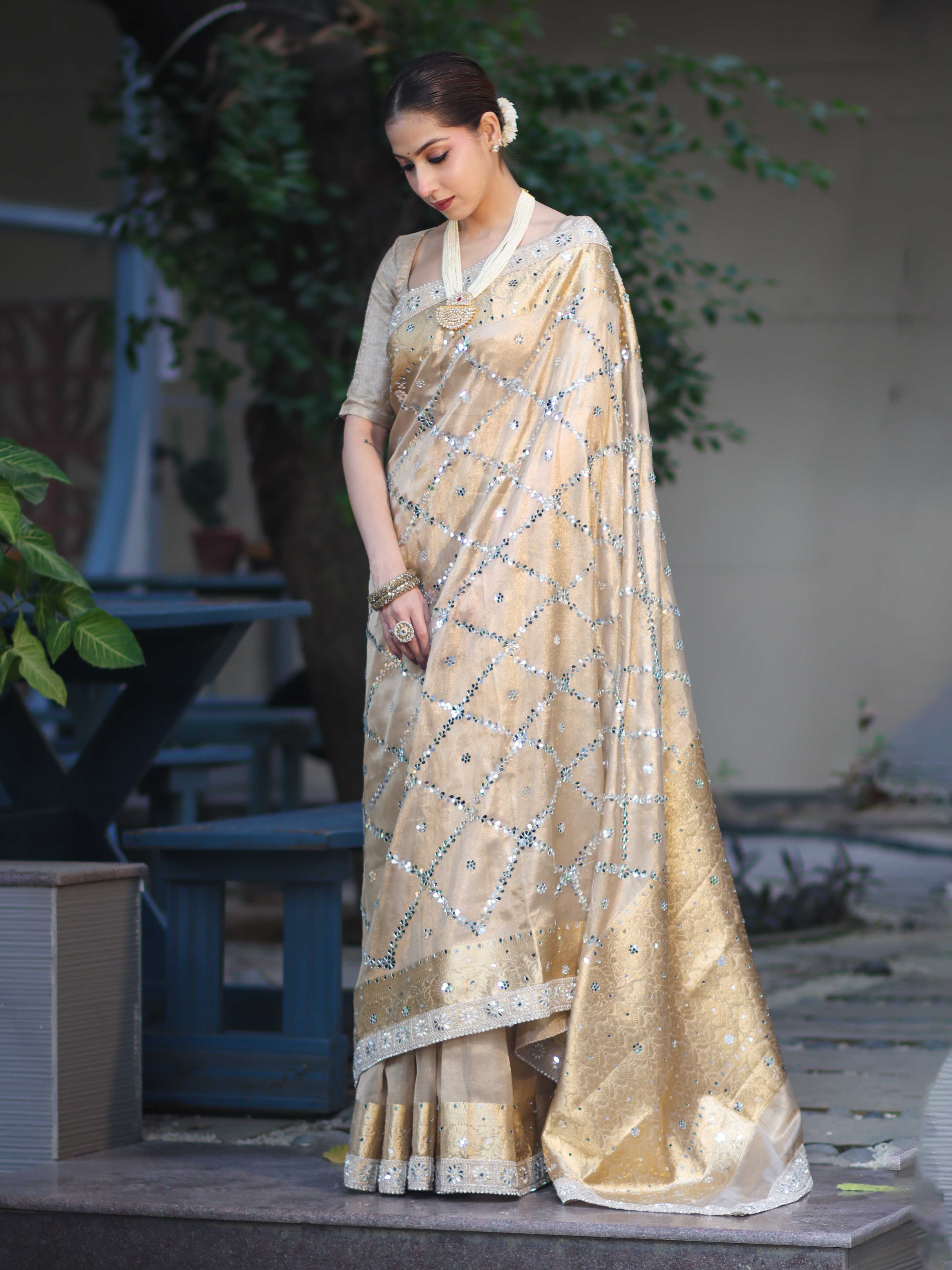 Banarasee Tissue Hand Embroidered Mirror Work Saree With Zari Woven Border & Lace-Gold