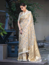 Banarasee Tissue Hand Embroidered Mirror Work Saree With Zari Woven Border & Lace-Gold