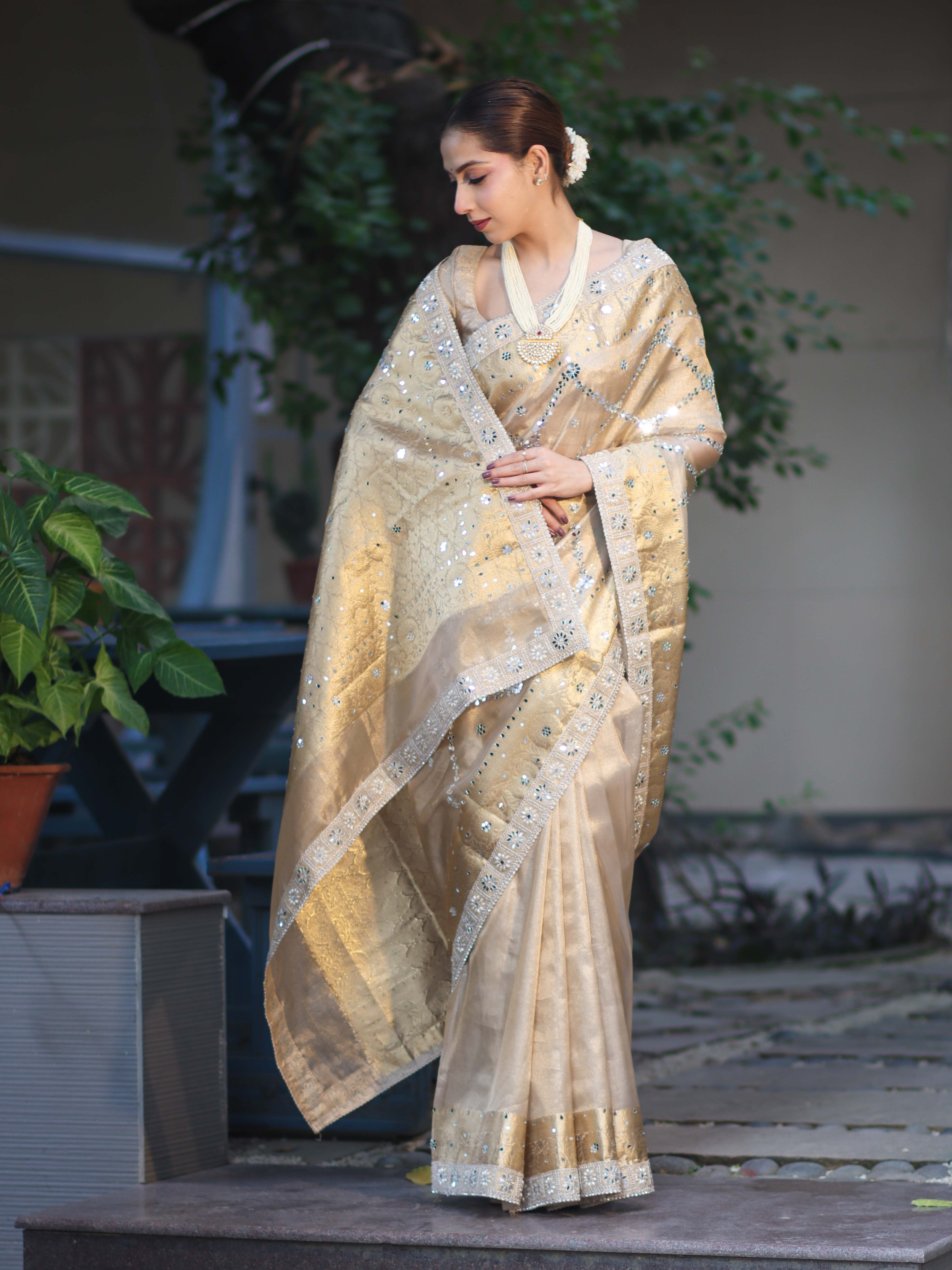 Banarasee Tissue Hand Embroidered Mirror Work Saree With Zari Woven Border & Lace-Gold