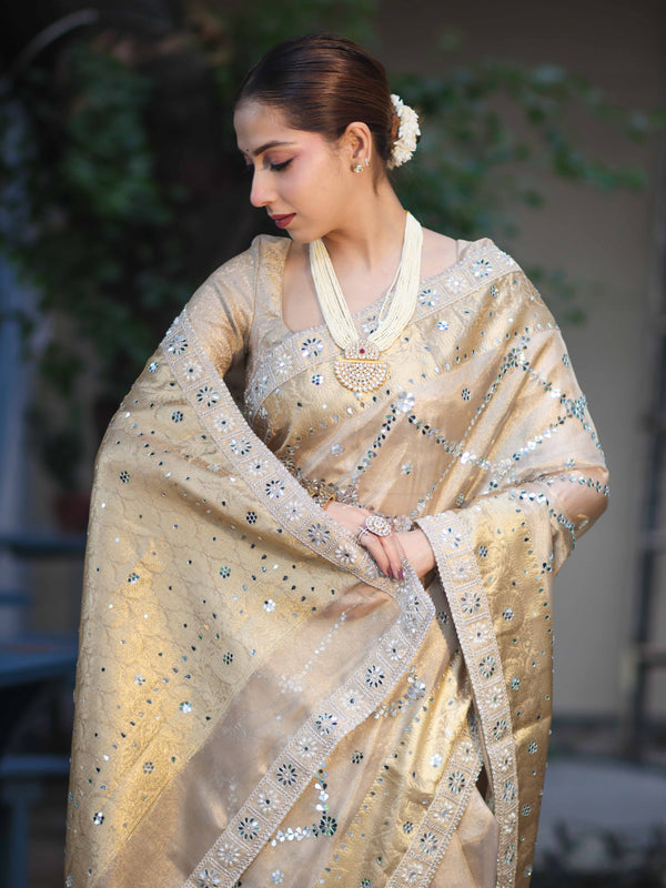 Banarasee Tissue Hand Embroidered Mirror Work Saree With Zari Woven Border & Lace-Gold