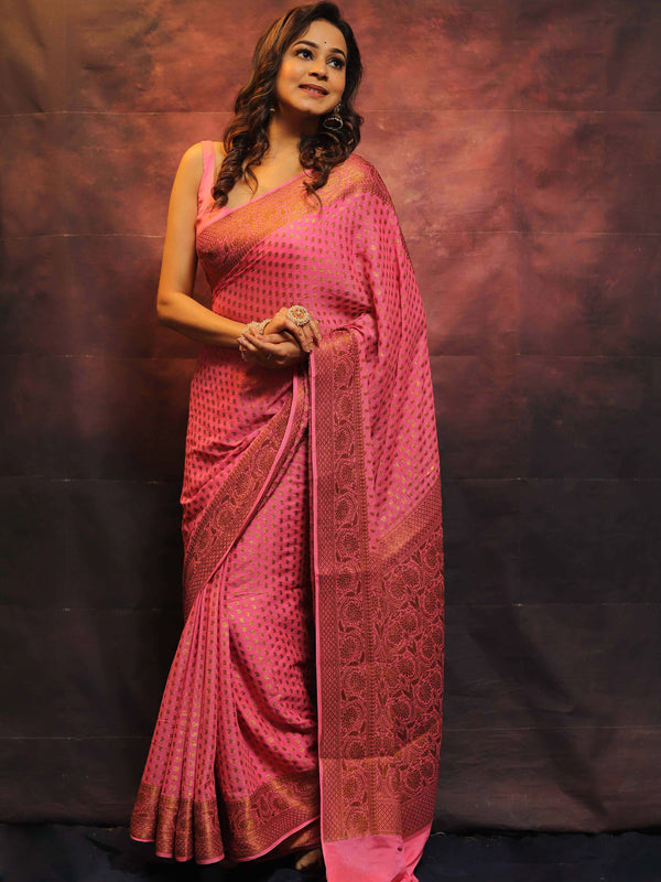 Banarasee Pure Chiffon Saree With Antique Zari Work-Pink