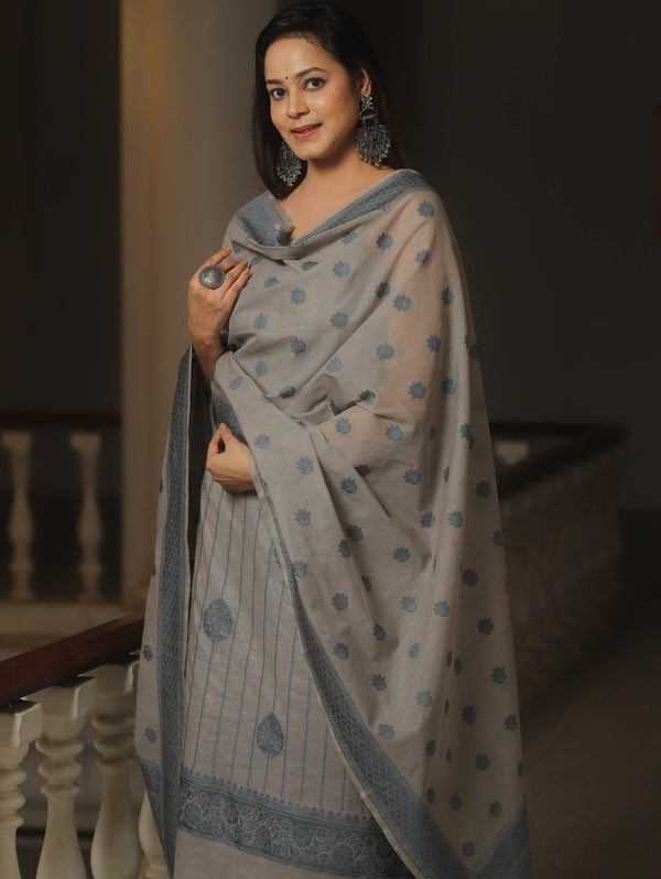 Banarasee Cotton Salwar Kameez Fabric With Dupatta & Resham Zari-Grey