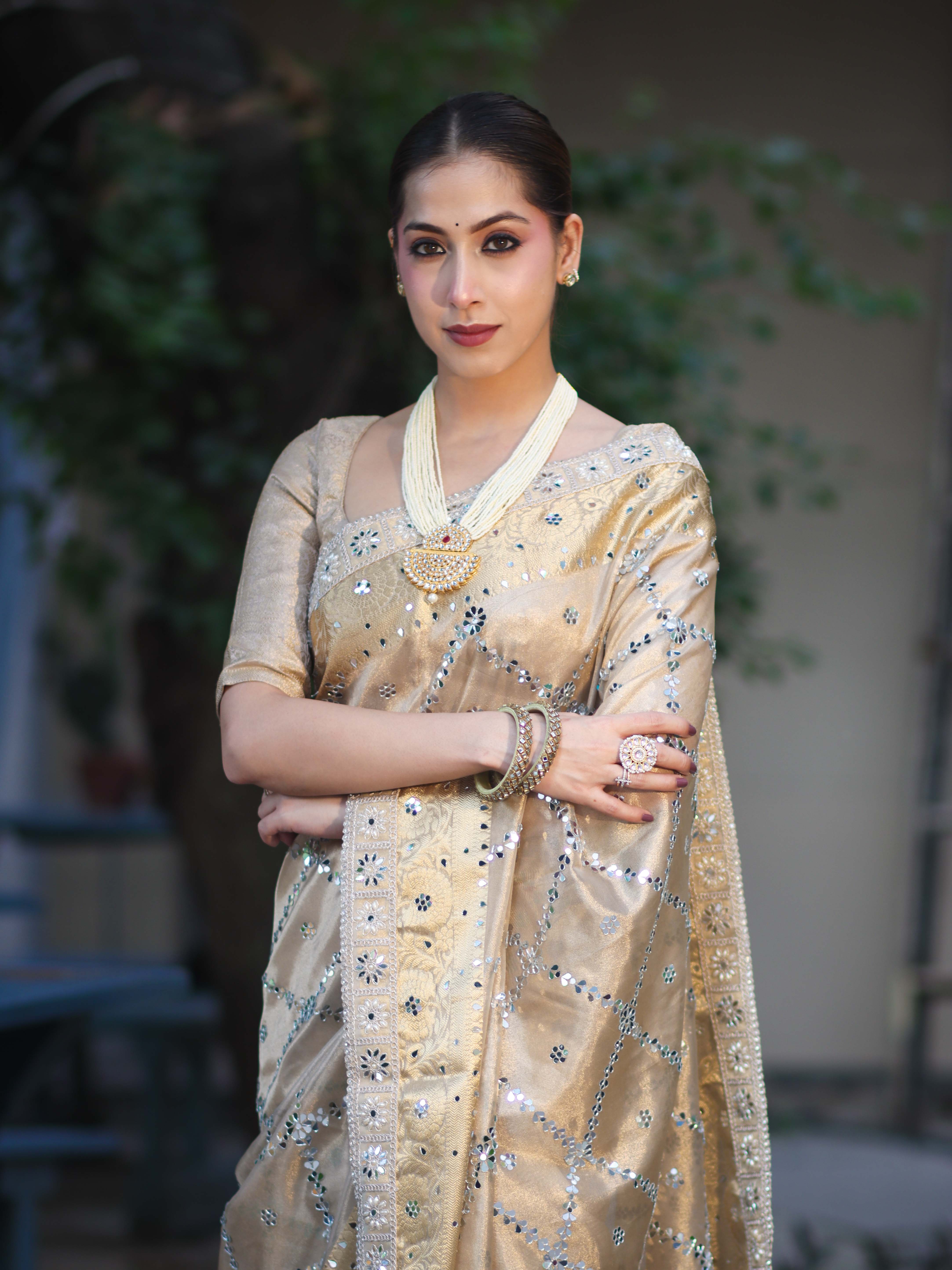 Banarasee Tissue Hand Embroidered Mirror Work Saree With Zari Woven Border & Lace-Gold