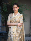 Banarasee Tissue Hand Embroidered Mirror Work Saree With Zari Woven Border & Lace-Gold