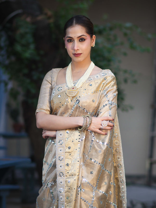 Banarasee Tissue Hand Embroidered Mirror Work Saree With Zari Woven Border & Lace-Gold