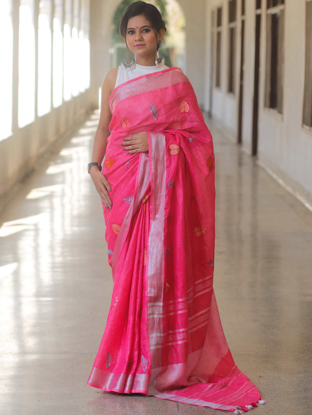 Bhagalpur Handloom Embroidered Buta Design Linen Saree-Pink