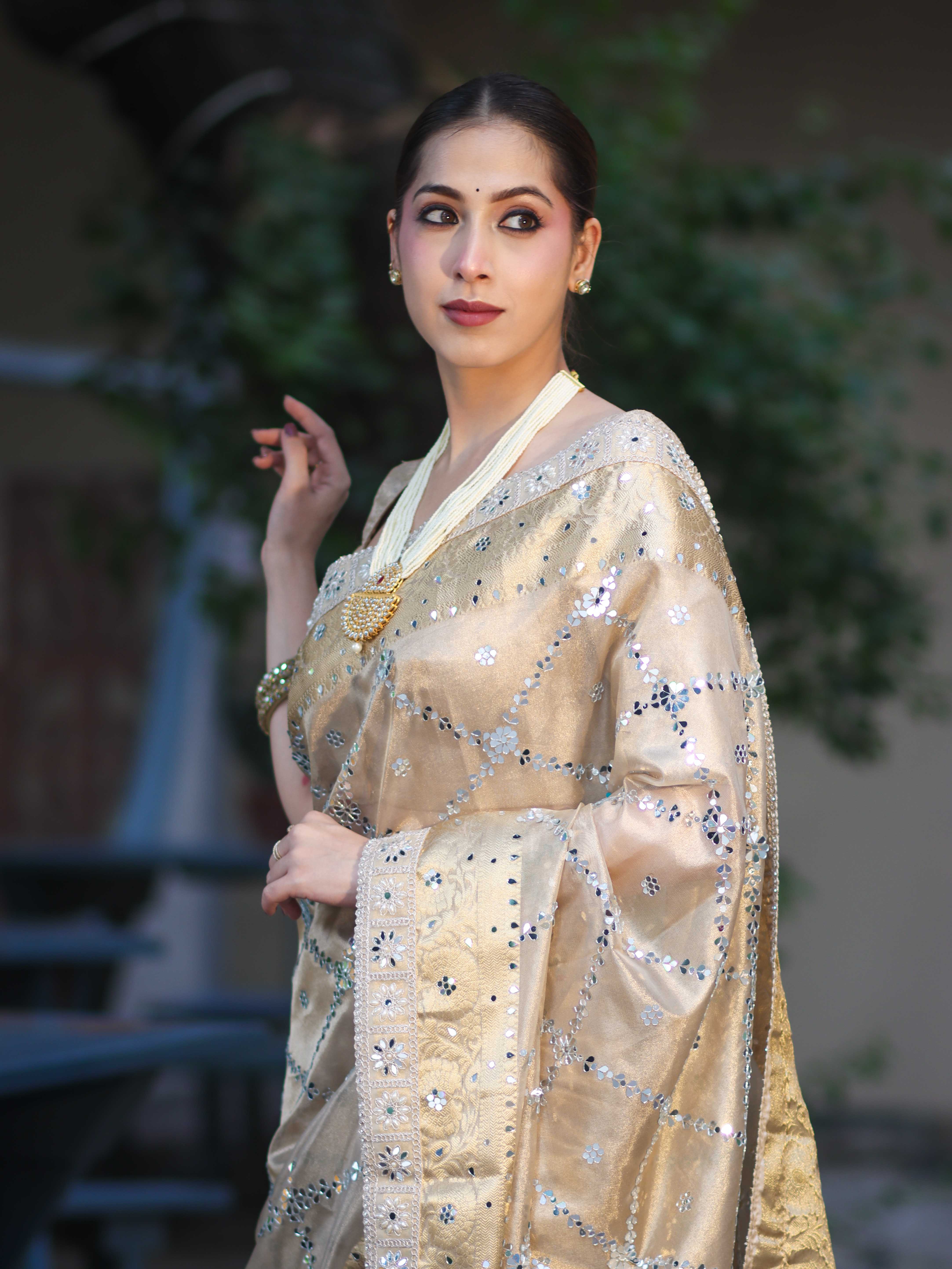 Banarasee Tissue Hand Embroidered Mirror Work Saree With Zari Woven Border & Lace-Gold