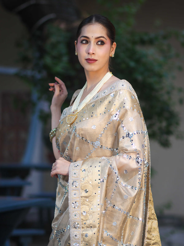 Banarasee Tissue Hand Embroidered Mirror Work Saree With Zari Woven Border & Lace-Gold