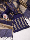 Banarasee Cotton Silk Stripe Pattern Salwar Kameez Fabric With Dupatta Set-Navy Blue
