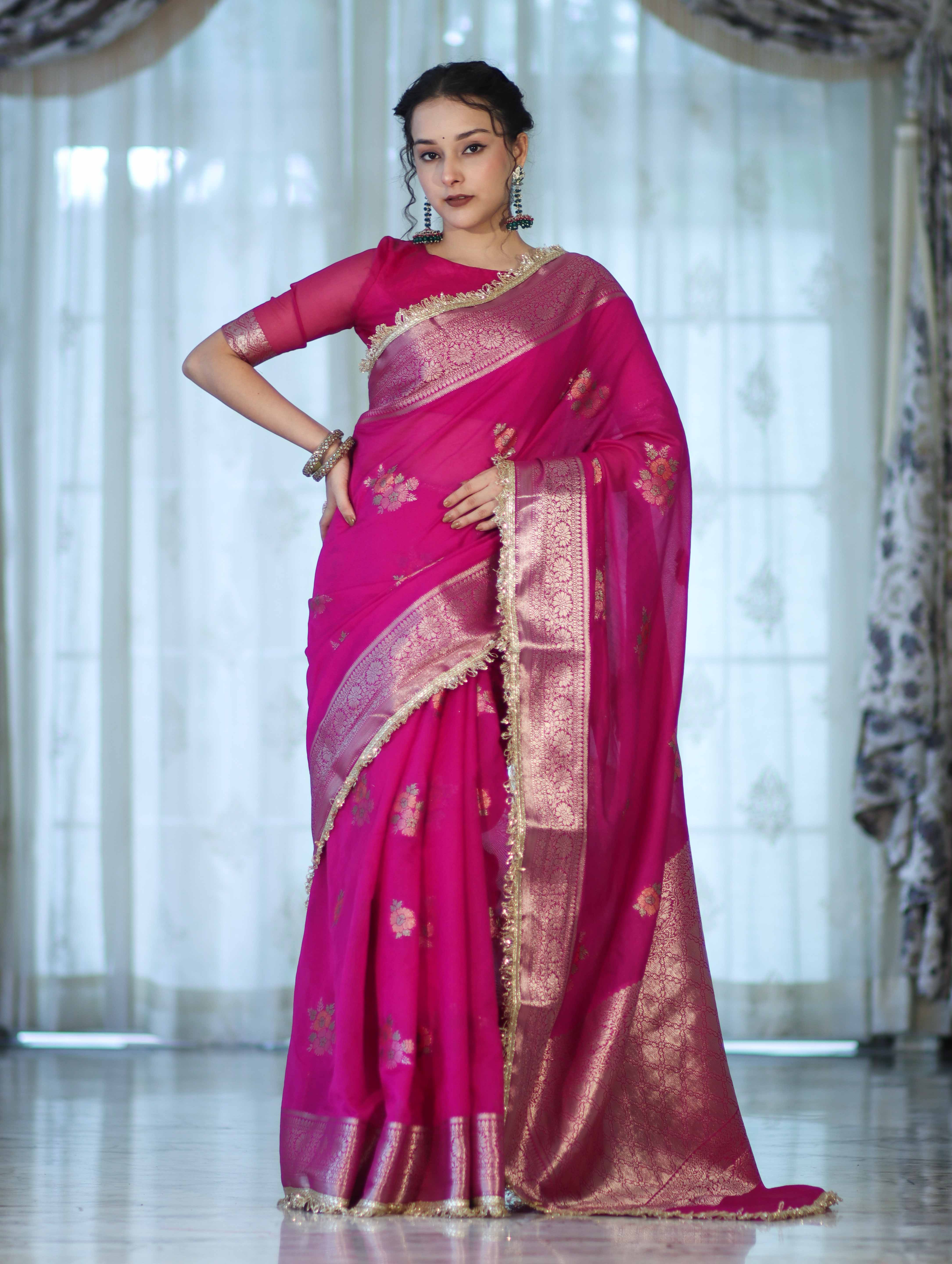 Banarasee Handwoven Faux Georgette Saree With Meena Zari Work Border & Lace-Pink