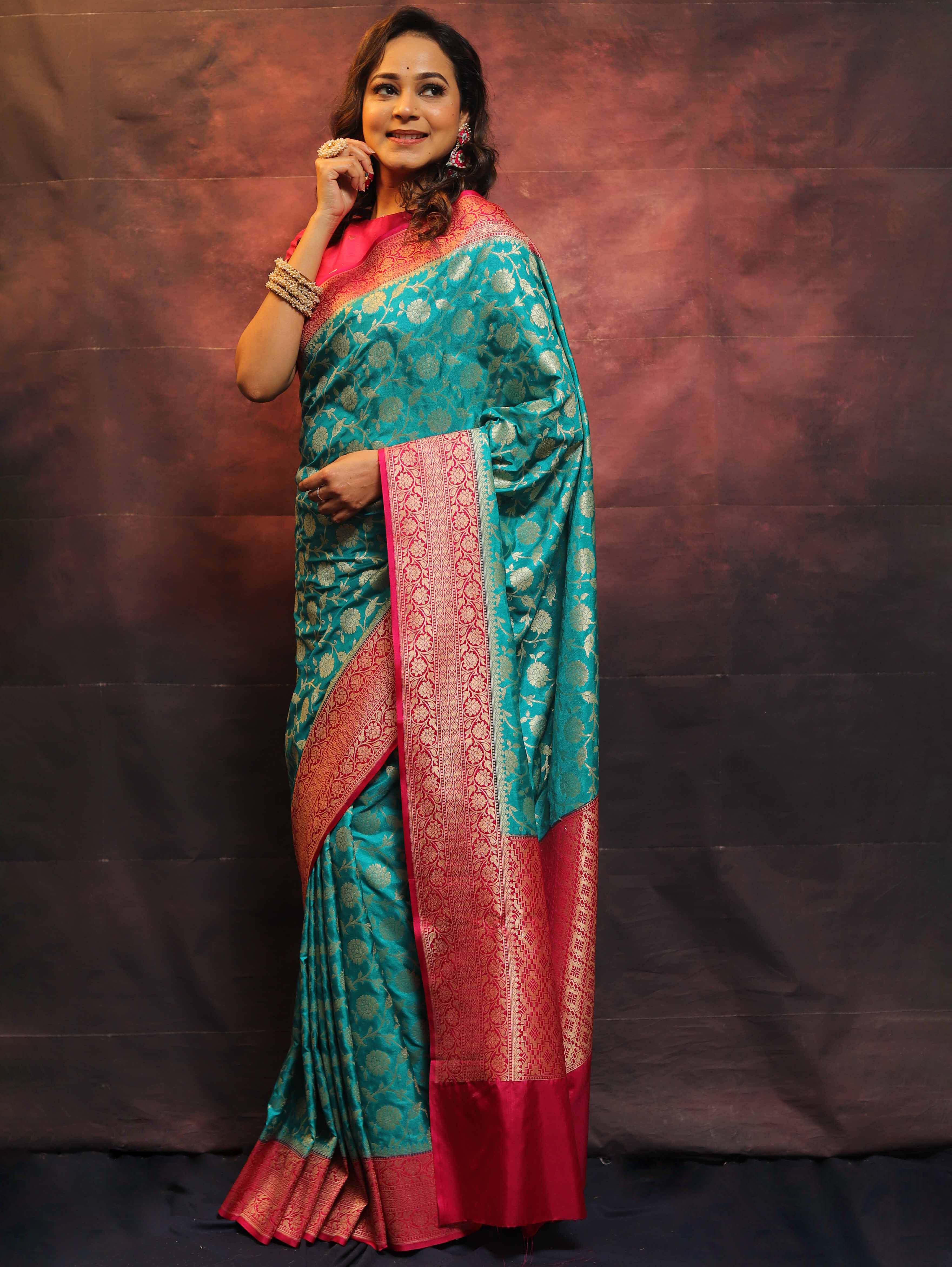 Banarasee Semi-Katan Zari Jaal Saree-Green & Pink