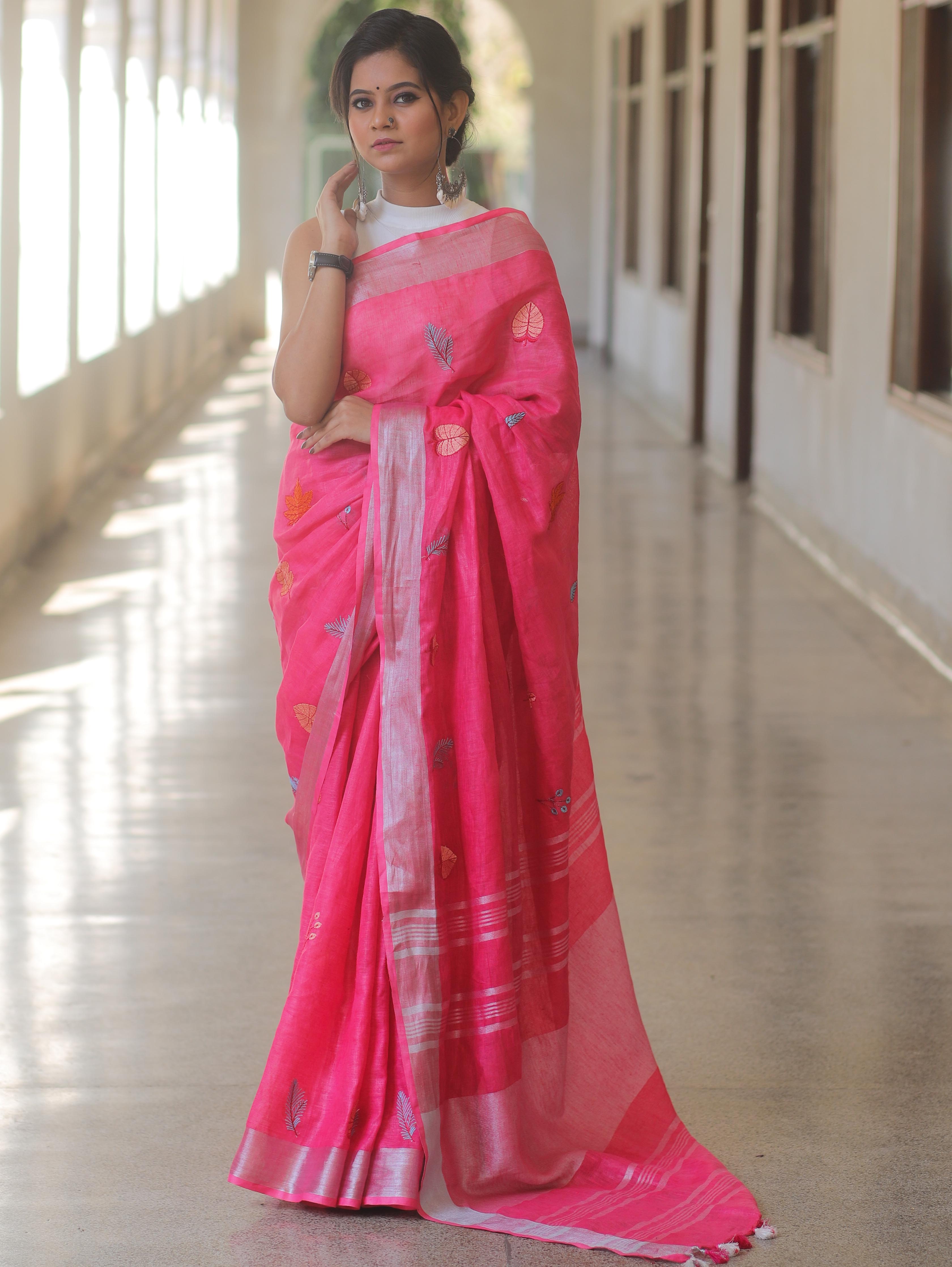 Bhagalpur Handloom Embroidered Buta Design Linen Saree-Pink
