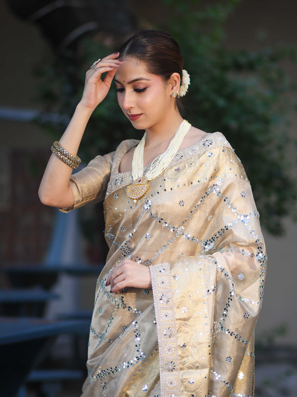 Banarasee Tissue Hand Embroidered Mirror Work Saree With Zari Woven Border & Lace-Gold