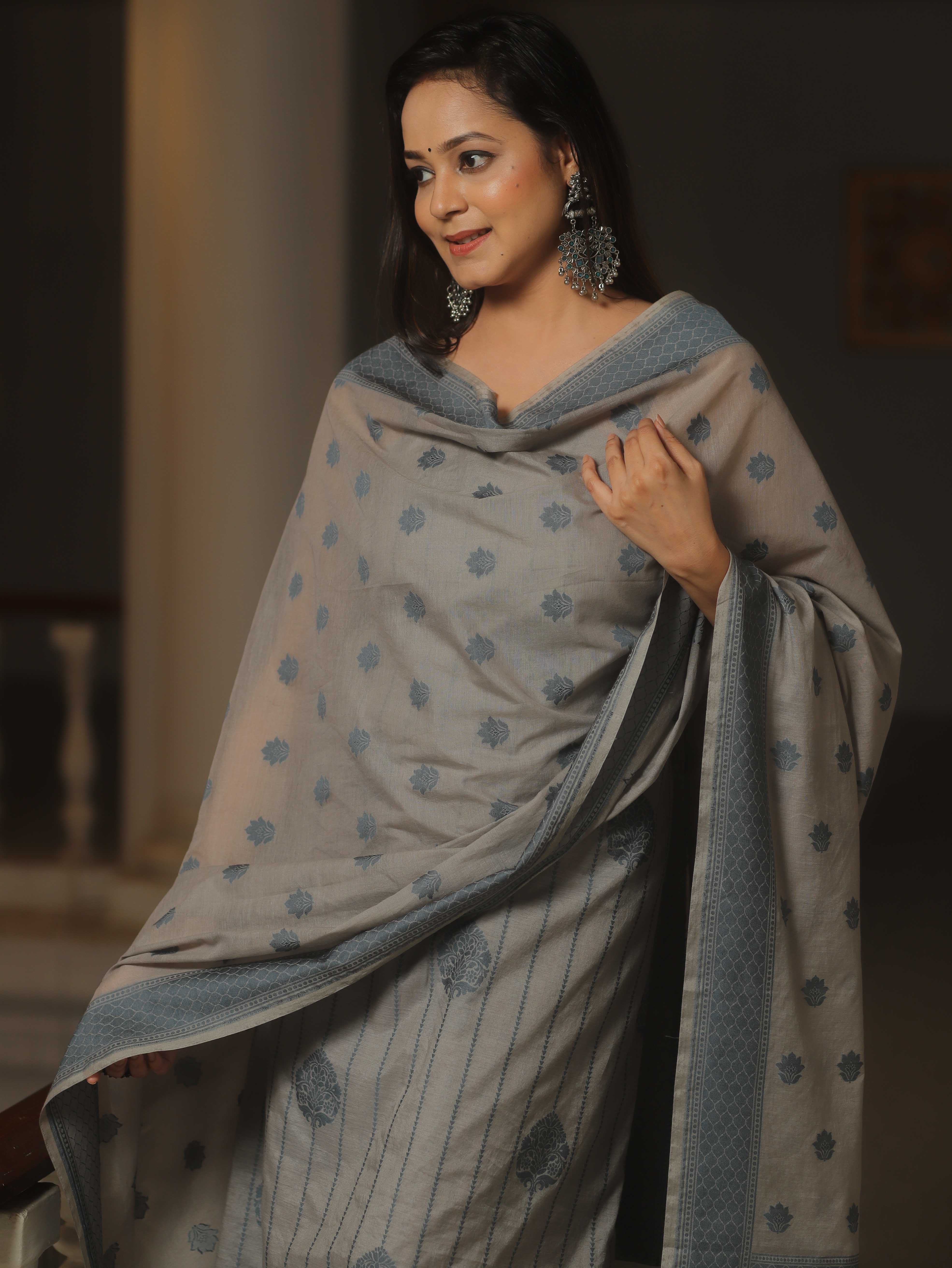 Banarasee Cotton Salwar Kameez Fabric With Dupatta & Resham Zari-Grey